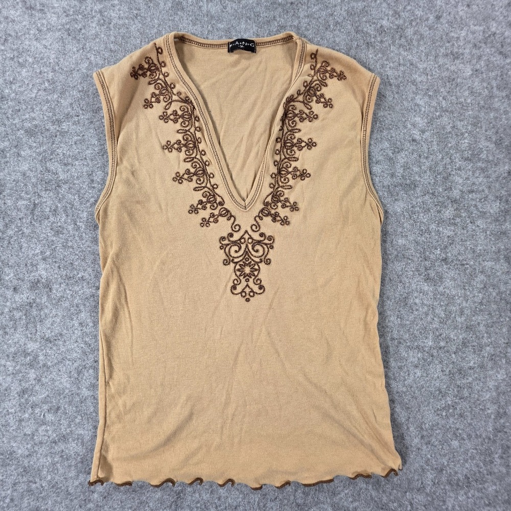 Y2K Beige Embroidered Sleeveless Top Women's Medium  Fairy Grunge Tee FANG